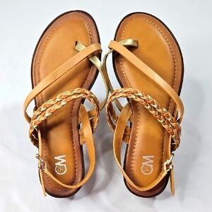 Stylish Tan and Gold Braided Leather Sandals Size 8